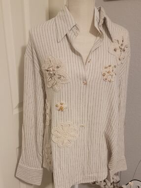 Cream Pinstripe Button-Up Shirt with Crochet Seashell And Bead Appliqués NWT